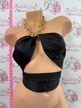 Top multi way style sexy shiny Gold-Chain Accent Black Strapless Cutout Crop Top